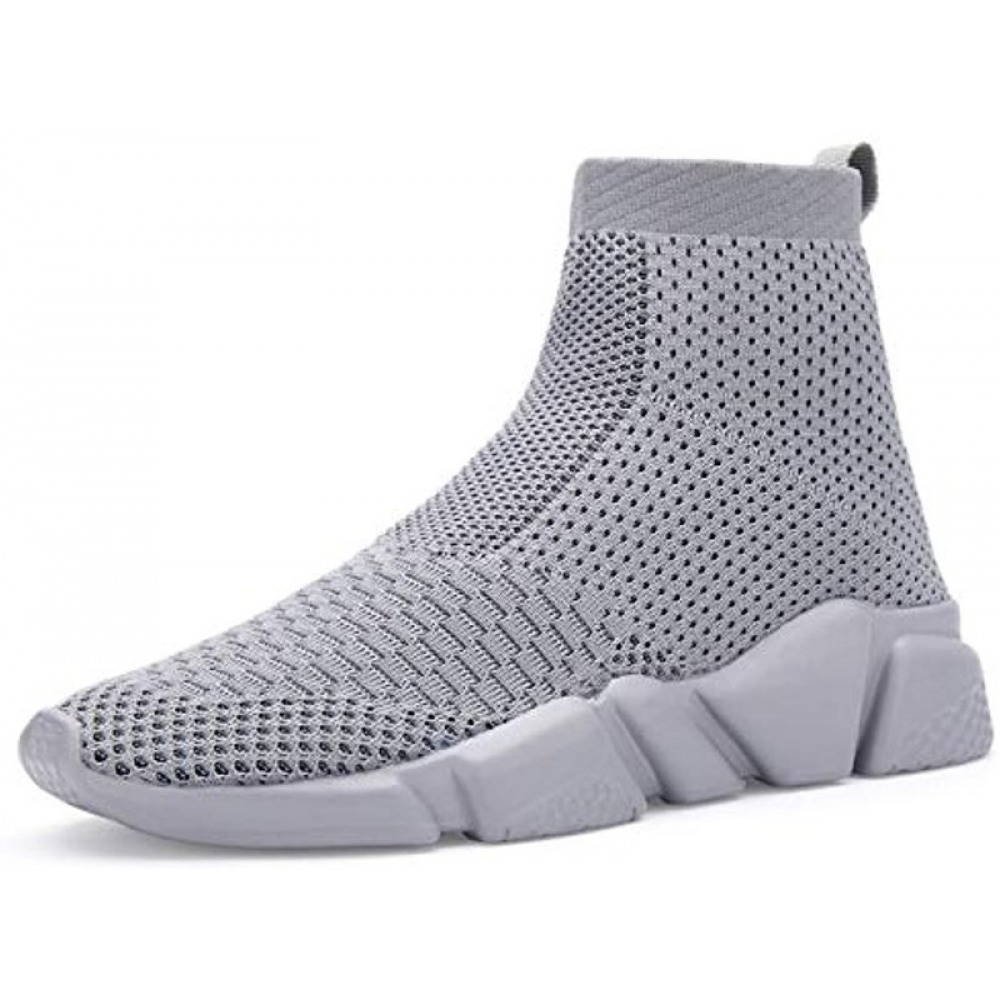 Men's Breathable Knit Slip On Sneakers Lightweight Athletic Casual Sports Shoes High Top All Grey